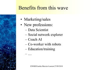 Benefits from this wave
• Marketing/sales
• New professions:
– Data Scientist
– Social network explorer
– Coach AI
– Co-worker with robots
– Education/training
– …
EWMD/Eunika Mercier-Laurent 27/09/2018
 