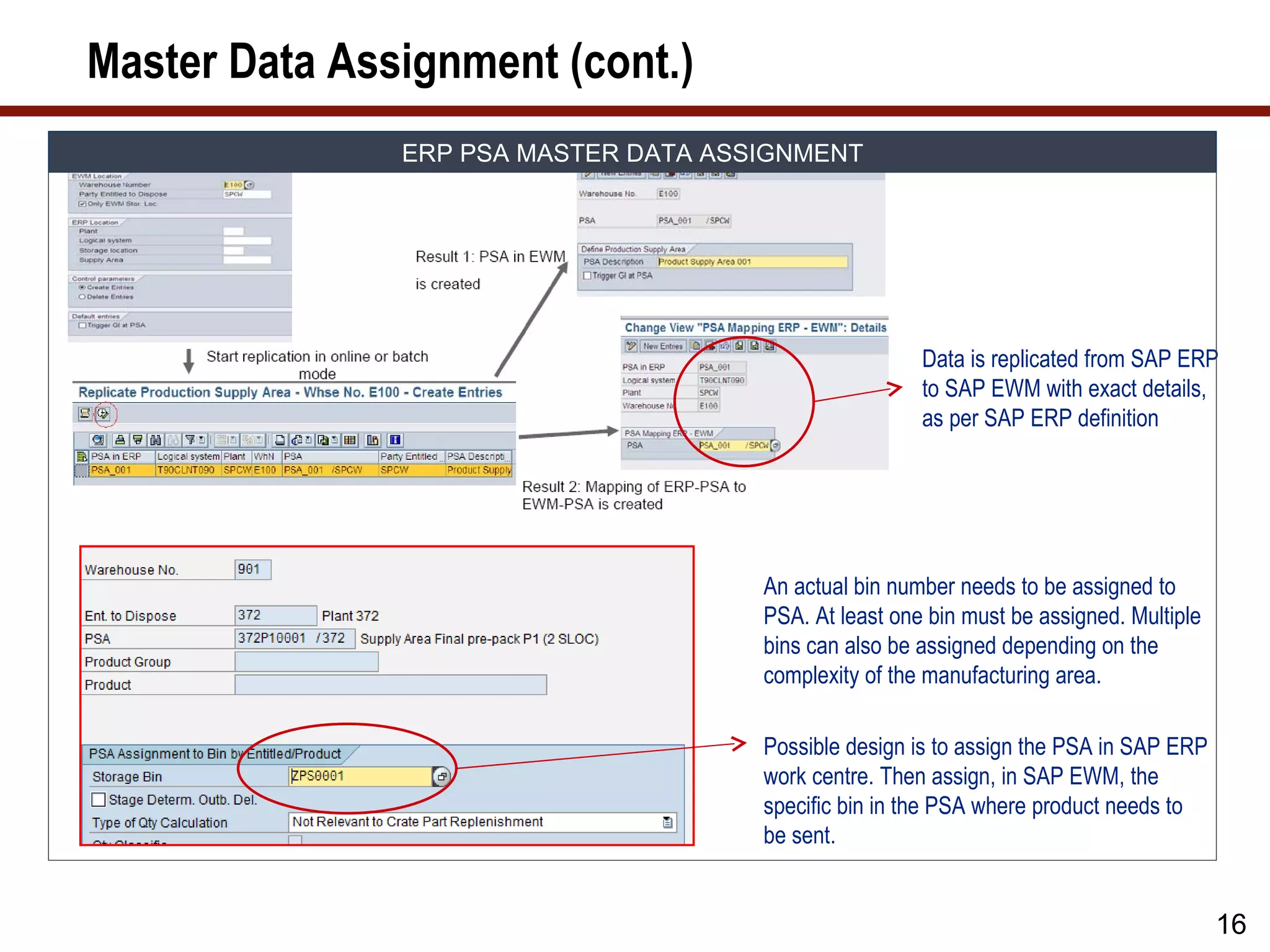Master Data Assignment (cont.)
               ERP PSA MASTER DATA ASSIGNMENT




                                                       Data is replicated from SAP ERP
                                                       to SAP EWM with exact details,
                                                       as per SAP ERP definition




                                      An actual bin number needs to be assigned to
                                      PSA. At least one bin must be assigned. Multiple
                                      bins can also be assigned depending on the
                                      complexity of the manufacturing area.

                                      Possible design is to assign the PSA in SAP ERP
                                      work centre. Then assign, in SAP EWM, the
                                      specific bin in the PSA where product needs to
                                      be sent.


                                                                                         16
 