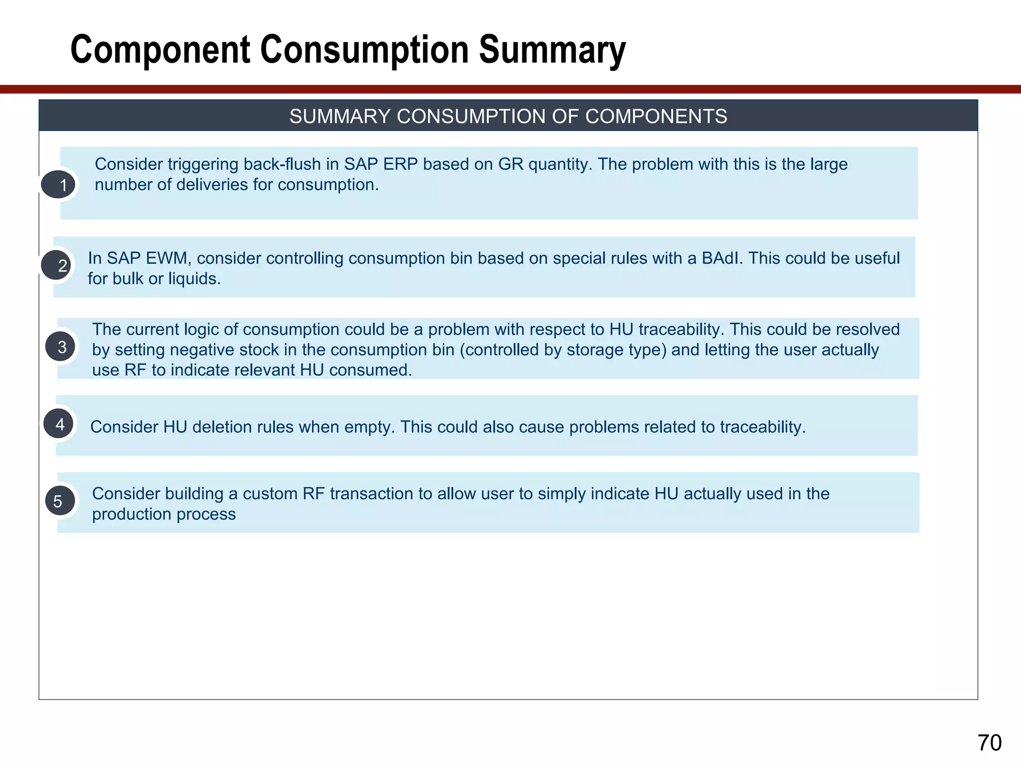 Component Consumption Summary
                               SUMMARY CONSUMPTION OF COMPONENTS

     Consider triggering back-flush in SAP ERP based on GR quantity. The problem with this is the large
1    number of deliveries for consumption.



2   In SAP EWM, consider controlling consumption bin based on special rules with a BAdI. This could be useful
    for bulk or liquids.

     The current logic of consumption could be a problem with respect to HU traceability. This could be resolved
3    by setting negative stock in the consumption bin (controlled by storage type) and letting the user actually
     use RF to indicate relevant HU consumed.


4    Consider HU deletion rules when empty. This could also cause problems related to traceability.



5    Consider building a custom RF transaction to allow user to simply indicate HU actually used in the
     production process




                                                                                                                   70
 