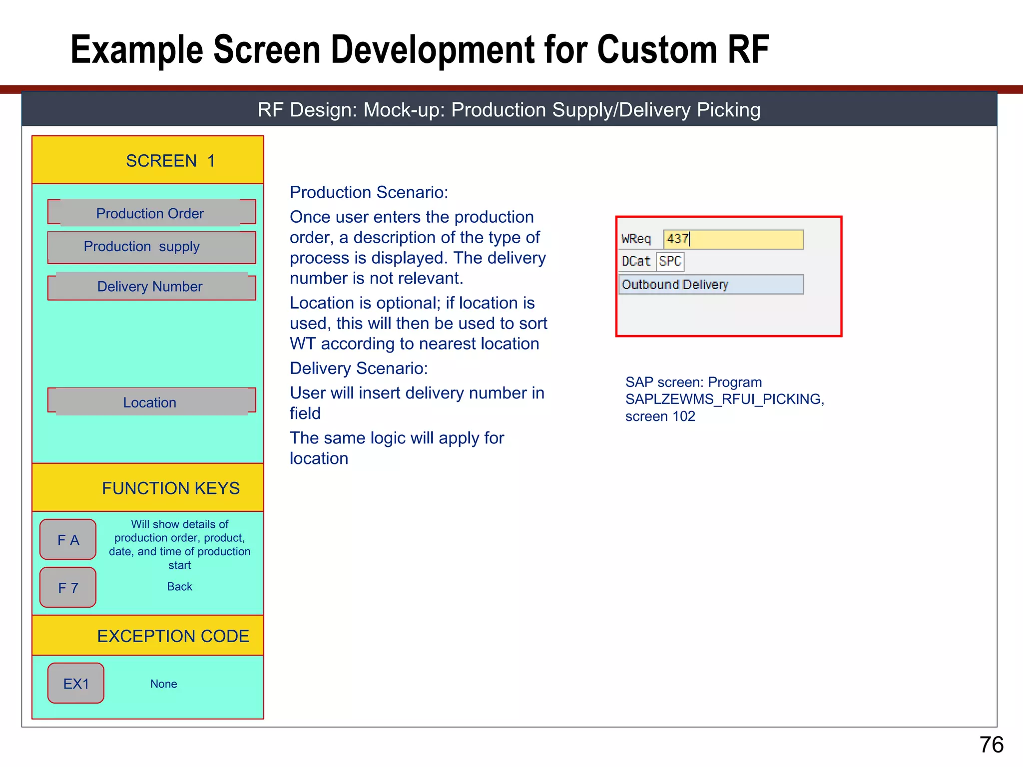 Example Screen Development for Custom RF
                                       RF Design: Mock-up: Production Supply/Delivery Picking

           SCREEN 1
                                          Production Scenario:
      Production Order                    Once user enters the production
     Production supply
                                          order, a description of the type of
                                          process is displayed. The delivery
      Delivery Number
                                          number is not relevant.
                                          Location is optional; if location is
                                          used, this will then be used to sort
                                          WT according to nearest location
                                          Delivery Scenario:
                                                                                 SAP screen: Program
                                          User will insert delivery number in    SAPLZEWMS_RFUI_PICKING,
          Location
                                          field                                  screen 102
                                          The same logic will apply for
                                          location
       FUNCTION KEYS
            Will show details of
FA       production order, product,
        date, and time of production
                    start

F7                 Back



      EXCEPTION CODE

EX1             None




                                                                                                           76
 