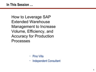 In This Session …


   How to Leverage SAP
   Extended Warehouse
   Management to Increase
   Volume, Efficiency, and
   Accuracy for Production
   Processes


              •   Pino Villa
              •   Independent Consultant

                                           1
 