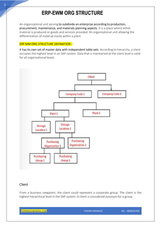 ERP-EWM ORG STRUCTURE
TDANWALE@GMAIL.COM TUSHAR DANWALE NO - 8830635400
3
An organizational unit serving to subdivide an enterprise according to production,
procurement, maintenance, and materials planning aspects. It is a place where either
material is produced or goods and services provided. An organizational unit allowing the
differentiation of material stocks within a plant.
ERP MM ORG STRUCTURE DEFINATION -
It has its own set of master data with independent table sets. According to hierarchy, a client
occupies the highest level in an SAP system. Data that is maintained at the client level is valid
for all organizational levels.
Client
From a business viewpoint, the client could represent a corporate group. The client is the
highest hierarchical level in the SAP system. A client is considered synonym for a group.
 