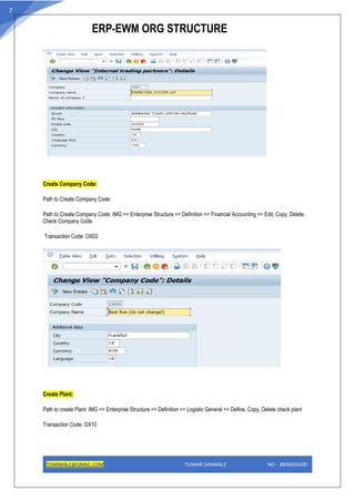 ERP-EWM ORG STRUCTURE
TDANWALE@GMAIL.COM TUSHAR DANWALE NO - 8830635400
7
Create Company Code:
Path to Create Company Code:
Path to Create Company Code: IMG => Enterprise Structure => Definition => Financial Accounting => Edit, Copy, Delete,
Check Company Code
Transaction Code: OX02
Create Plant:
Path to create Plant: IMG => Enterprise Structure => Definition => Logistic General => Define, Copy, Delete check plant
Transaction Code: OX10
 
