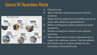 Source Of Hazardous Waste
A. Clinical wastes
B. Waste oils/water, hydrocarbons/water mixtures,
emulsions
C. Wastes from the production, formulation and use of
resins, latex, plasticizers, glues/adhesives
D. Wastes resulting from surface treatment of metals
and plastics
E. Residues arising from industrial waste disposal
operations
F. Wastes which contain certain compounds such as:
copper, zinc, cadmium, mercury, lead and asbestos
G. Household waste or residues arising from the
incineration of household waste
 
