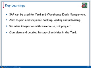 [ Key Learnings
    SAP can be used for Yard and Warehouse Dock Management.
    Able to plan and sequence docking, loading and unloading.

    Seamless integration with warehouse, shipping etc.

    Complete and detailed history of activities in the Yard.




Real Experience. Real Advantage.                                 18
 
