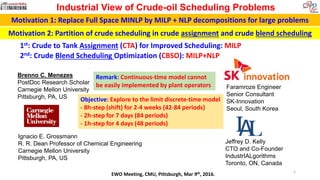 Brenno C. Menezes
PostDoc Research Scholar
Carnegie Mellon University
Pittsburgh, PA, US
Jeffrey D. Kelly
CTO and Co-Founder
IndustrIALgorithms
Toronto, ON, Canada
Industrial View of Crude-oil Scheduling Problems
EWO Meeting, CMU, Pittsburgh, Mar 9th, 2016.
Ignacio E. Grossmann
R. R. Dean Professor of Chemical Engineering
Carnegie Mellon University
Pittsburgh, PA, US
Faramroze Engineer
Senior Consultant
SK-Innovation
Seoul, South Korea
1st: Crude to Tank Assignment (CTA) for Improved Scheduling: MILP
2nd: Crude Blend Scheduling Optimization (CBSO): MILP+NLP
1
Remark: Continuous-time model cannot
be easily implemented by plant operators
Objective: Explore to the limit discrete-time model
- 8h-step (shift) for 2-4 weeks (42-84 periods)
- 2h-step for 7 days (84 periods)
- 1h-step for 4 days (48 periods)
Motivation 1: Replace Full Space MINLP by MILP + NLP decompositions for large problems
Motivation 2: Partition of crude scheduling in crude assignment and crude blend scheduling
 