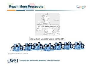 Reach More Prospects




                                                  #1 UK web property




                                         22 Million Google Users in the UK




Source: Nielsen/NetRatings, October 06




                     | Copyright 2009 | Research and Management | All Rights Reserved |
 