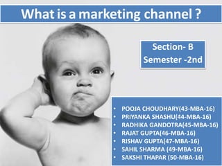 What is a marketing channel ?
• POOJA CHOUDHARY(43-MBA-16)
• PRIYANKA SHASHU(44-MBA-16)
• RADHIKA GANDOTRA(45-MBA-16)
• RAJAT GUPTA(46-MBA-16)
• RISHAV GUPTA(47-MBA-16)
• SAHIL SHARMA (49-MBA-16)
• SAKSHI THAPAR (50-MBA-16)
Section- B
Semester -2nd
 