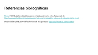 Referencias bibliográficas
Medina.V (2018). La honestidad. Los valores en la educación de los niños. Recuperado de:
https://www.guiainfantil.com/articulos/educacion/valores/la-honestidad-los-valores-en-la-educacion-de-los-ninos/
elsignificadode (2018). Definición de Honestidad. Recuperado de: https://elsignificadode.net/honestidad/
 