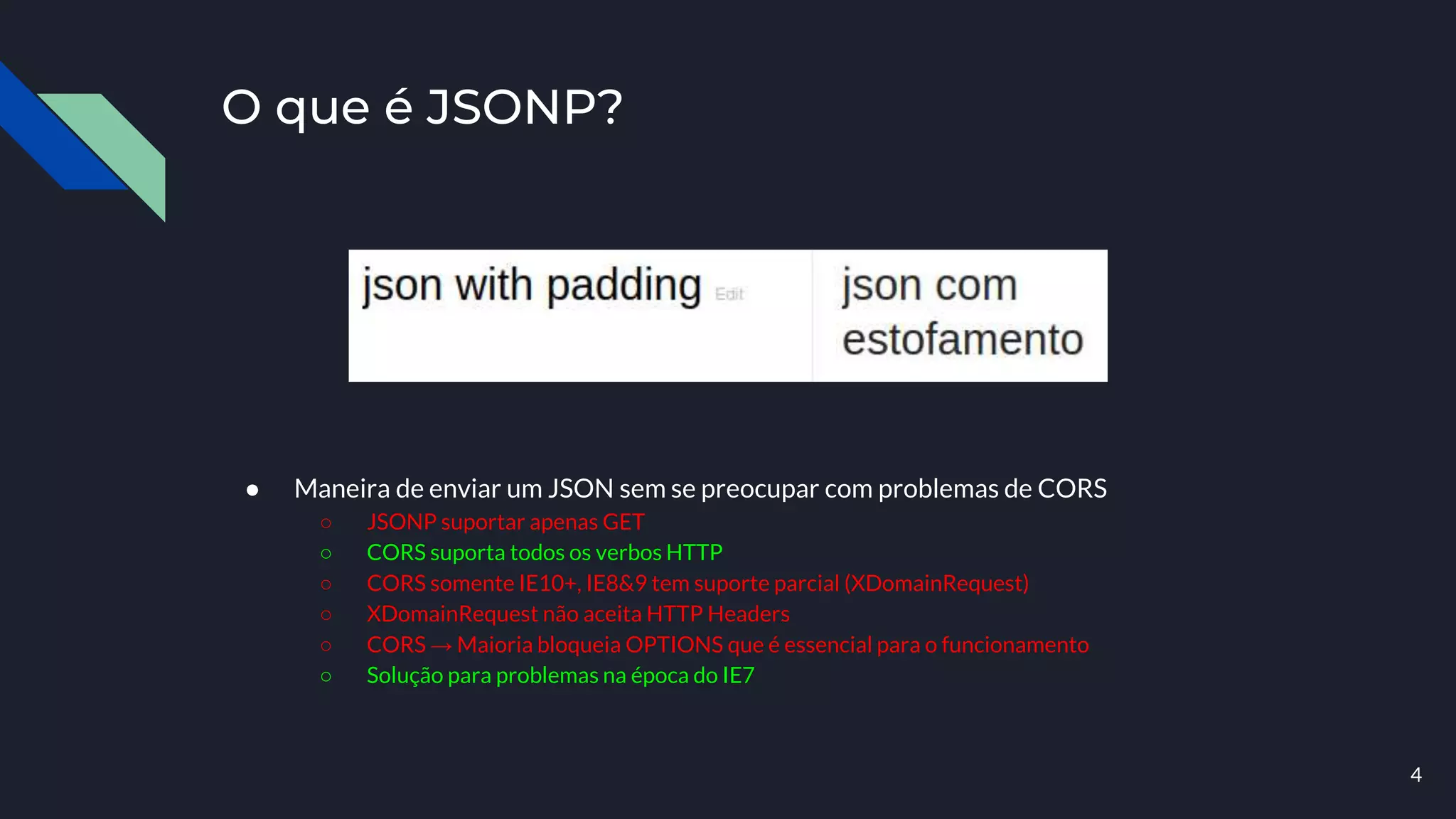 O que é JSONP?
● Maneira de enviar um JSON sem se preocupar com problemas de CORS
○ JSONP suportar apenas GET
○ CORS suporta todos os verbos HTTP
○ CORS somente IE10+, IE8&9 tem suporte parcial (XDomainRequest)
○ XDomainRequest não aceita HTTP Headers
○ CORS → Maioria bloqueia OPTIONS que é essencial para o funcionamento
○ Solução para problemas na época do IE7
4
 