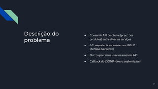 Descrição do
problema
● Consumir API do cliente (preço dos
produtos) entre diversos serviços
● API só poderia ser usada com JSONP
(decisão do cliente)
● Outros parceiros usavam a mesma API
● Callback do JSONP não era customizável
7
 