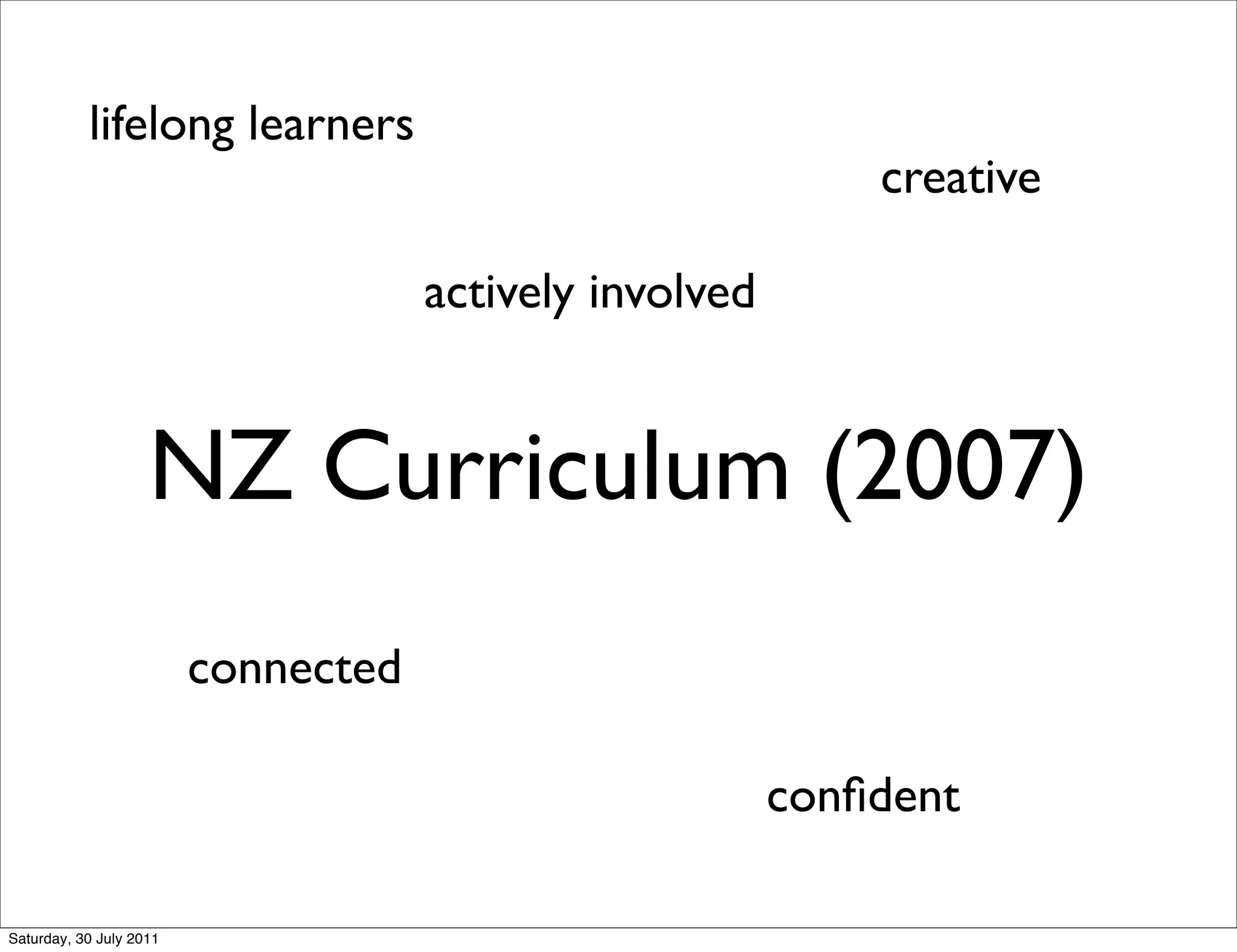 lifelong learners
                                                             creative

                                     actively involved


                    NZ Curriculum (2007)
                         connected

                                                         conﬁdent

Saturday, 30 July 2011
 