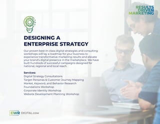 DESIGNING A
ENTERPRISE STRATEGY
Our proven best-in-class digital strategies and consulting
workshops will lay a roadmap for your business to
experience transformative marketing results and elevate
your brand’s digital presence in the marketplace. We have
built hundreds of successful campaigns designed for
national, regional and local reach.
Services:
Digital Strategy Consultations
Target Personas & Customer Journey Mapping
Market, Keyword, and Behavior Research
Foundations Workshop
Corporate Identity Workshop
Website Development Planning Workshop
 