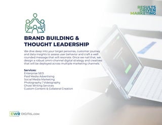 BRAND BUILDING &
THOUGHT LEADERSHIP
We dive deep into your target personas, customer journey
and data insights to assess user behavior and craft a well
rounded message that will resonate. Once we nail that, we
design a robust omni-channel digital strategy and creatives
that will be deployed across multiple marketing channels.
Services:
Enterprise SEO
Paid Media Advertising
Social Media Marketing
Photography / Videography
Ghost Writing Services
Custom Content & Collateral Creation
 