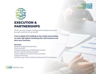 EXECUTION &
PARTNERSHIPS
When you pair proper strategy with excellent execution
you get award winning results!
From scalable link building to key media partnerships,
we offer 360 digital marketing that will transform and
grow your business.
Services:
Website & App Development
Technical SEO
Google My Business (GMB) Optimization
Service Side & Hosting Support
Public Relations & Community Outreach
Podcast Pitching
GeoFencing, Internet Radio & Advanced TV Campaigns
 