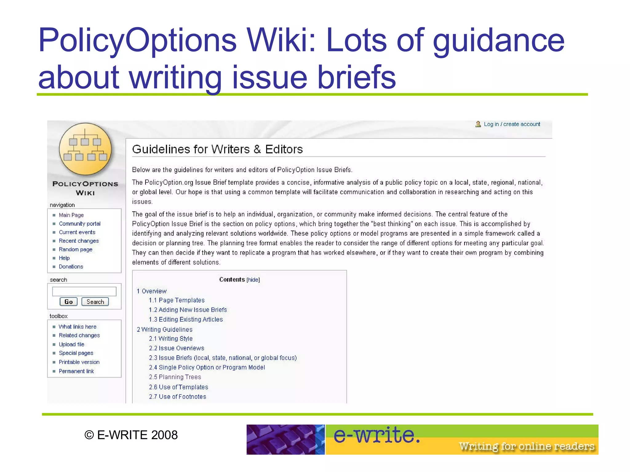 PolicyOptions Wiki: Lots of guidance about writing issue briefs 