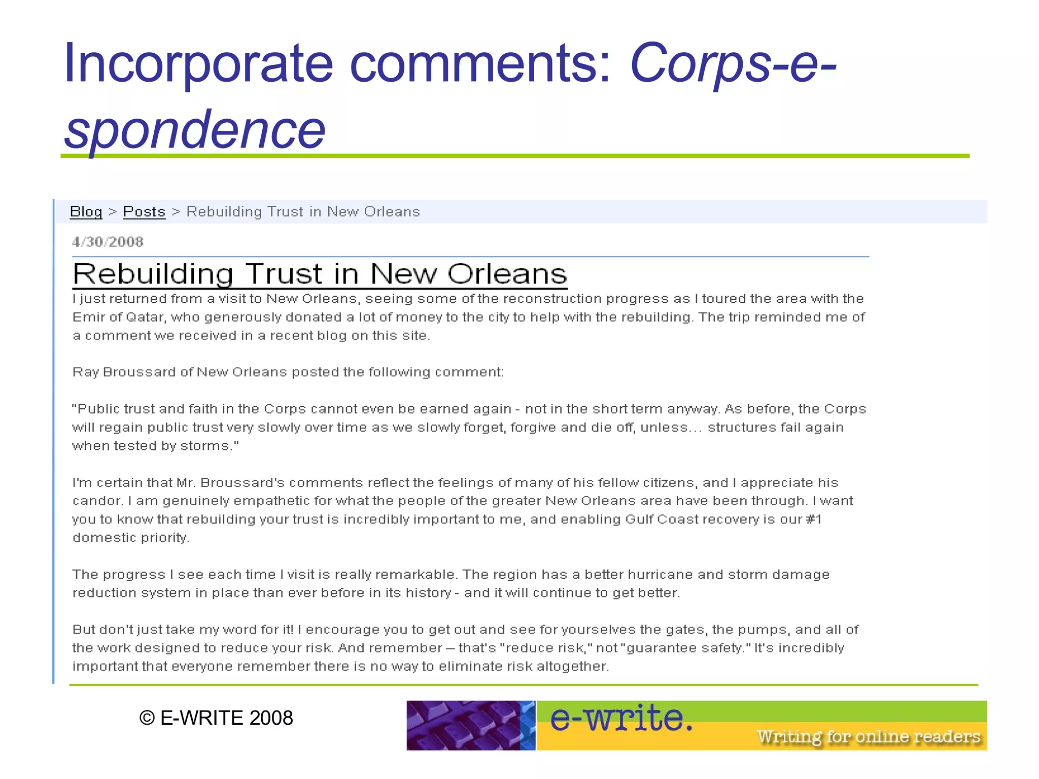 Incorporate comments:  Corps-e-spondence   