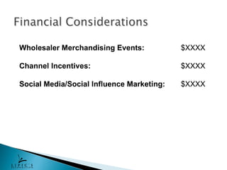 Wholesaler Merchandising Events:           $XXXX

Channel Incentives:                        $XXXX

Social Media/Social Influence Marketing:   $XXXX
 