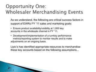 As we understand, the following are critical success factors in
support of EWRs FY ’11 sales and marketing goals:
• Ensure product availability/visibility at 1,000 key
accounts in the wholesale channel in FY ’11.
• Development/implementation of a turnkey performance
  metrics/reporting system to monitor results and to make
adjustments on an ongoing basis.

Lipic’s has identified appropriate resources to merchandise
these key accounts based on the following assumptions...
 