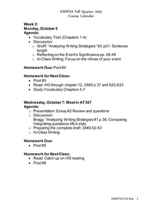 EWRT1A Fall Quarter 2015
Course Calendar
EWRT1A F15 Ray 1
Week 3:
Monday, October 5
Agenda:
 Vocabulary Test:(Chapters 1-4)
 Discussion:
o Wolff:“Analyzing Writing Strategies” #3:p31: Sentence
length
o Reflecting on the Event's Significance pp. 48-49
o In-Class Writing: Focus on the climax of your event
Homework Due: Post#4
Homework for NextClass:
 Post #5
 Read: HG through chapter 12, SMG p 37 and 625-633
 Study Vocabulary Chapters 5-7
Wednesday, October 7: Meetin AT307
Agenda:
o Presentation: Essay #2 Review and questions
o Discussion:
Bragg: “Analyzing Writing Strategies #1 p 36: Comparing
Integrating quotations MLA style
o Preparing the complete draft: SMG 52-53
o In-Class Writing
Homework Due:
 Post #5
Homework for NextClass:
 Read: Catch up on HG reading
 Post #6
 