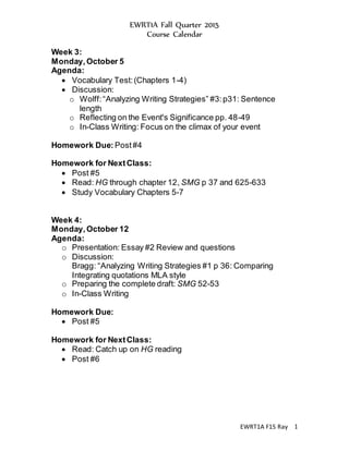 EWRT1A Fall Quarter 2015
Course Calendar
EWRT1A F15 Ray 1
Week 3:
Monday, October 5
Agenda:
 Vocabulary Test:(Chapters 1-4)
 Discussion:
o Wolff:“Analyzing Writing Strategies” #3:p31: Sentence
length
o Reflecting on the Event's Significance pp. 48-49
o In-Class Writing: Focus on the climax of your event
Homework Due: Post#4
Homework for NextClass:
 Post #5
 Read: HG through chapter 12, SMG p 37 and 625-633
 Study Vocabulary Chapters 5-7
Week 4:
Monday,October 12
Agenda:
o Presentation: Essay #2 Review and questions
o Discussion:
Bragg: “Analyzing Writing Strategies #1 p 36: Comparing
Integrating quotations MLA style
o Preparing the complete draft: SMG 52-53
o In-Class Writing
Homework Due:
 Post #5
Homework for NextClass:
 Read: Catch up on HG reading
 Post #6
 
