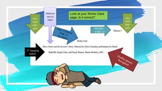 Header:
TNR 12
one-
inch
mar-
gins
.5” hanging
indent
Italicize
movie
titles
one-
inch
mar-
gins
Look at your Works Cited
page. Is it correct?
 