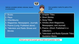 1. Books
2. Plays
3. CDs/Albums
4. Magazines, Newspapers, Journals
5. Poems (Long: Published alone)
6. Television and Radio Shows and
Movies
1. Chapter Titles
2. Short Stories
3. Song Titles
4. Articles (from Magazines,
Newspapers, and Journal)
5. Poems: (Short: Published in a
collection).
6. Television and Radio Episode Titles:
Quotation Marks
Italicize complete (whole) volumes, issues,
or productions
Use quotation marks for parts of the
whole
Check your work for proper use of italics and quotation marks.
 