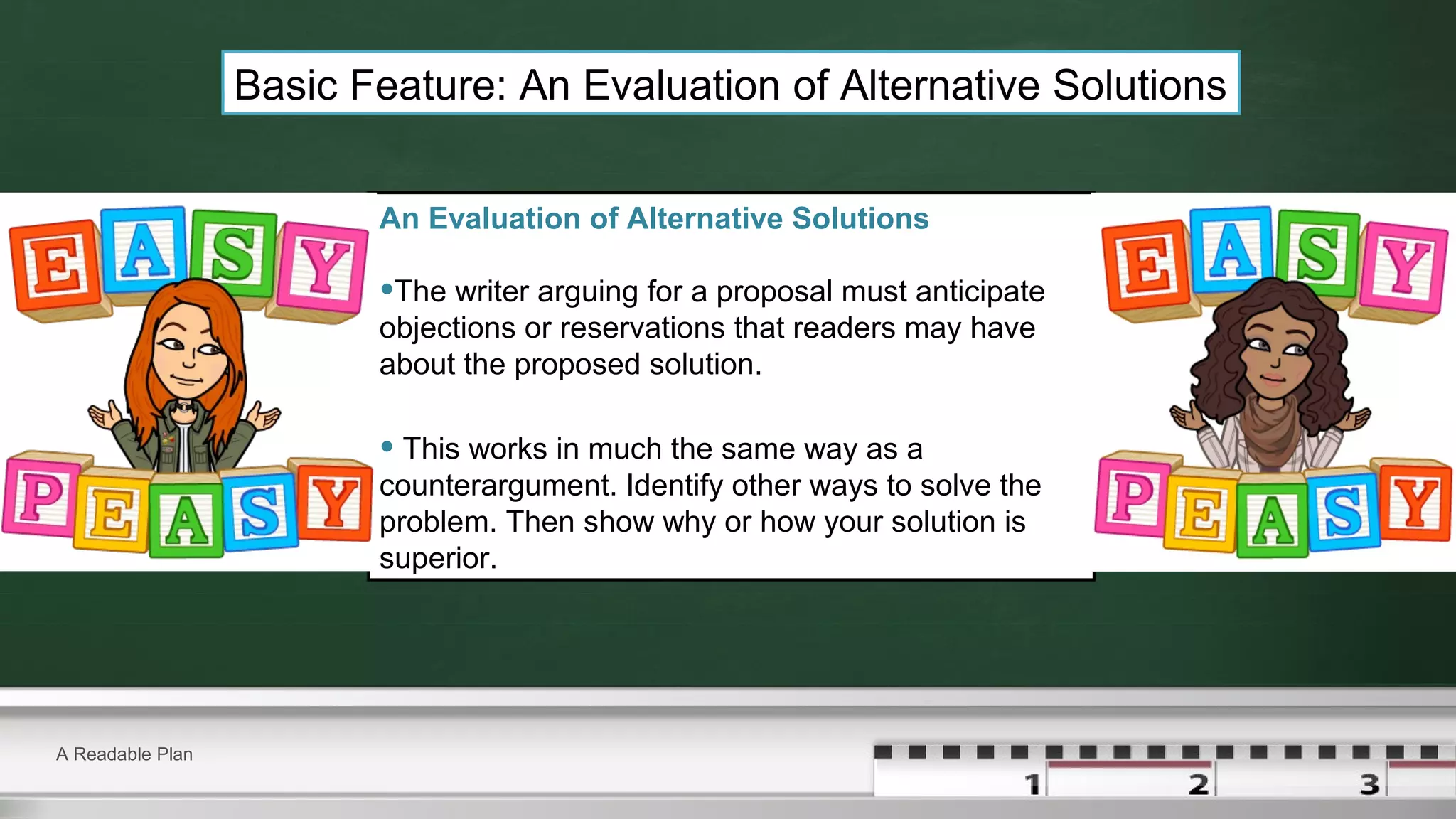 A Readable Plan
An Evaluation of Alternative Solutions
•The writer arguing for a proposal must anticipate
objections or reservations that readers may have
about the proposed solution.
• This works in much the same way as a
counterargument. Identify other ways to solve the
problem. Then show why or how your solution is
superior.
Basic Feature: An Evaluation of Alternative Solutions
 