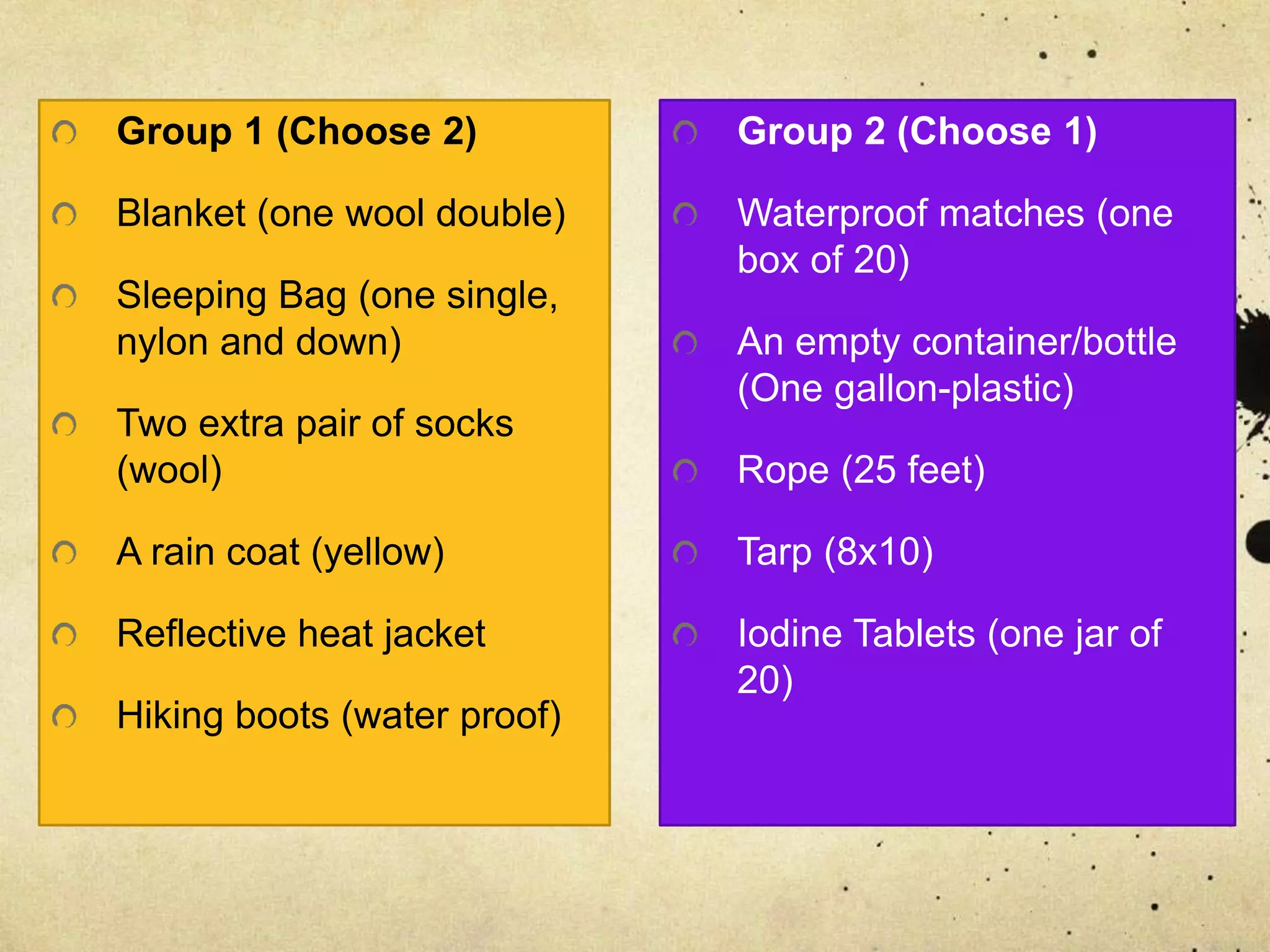 Group 1 (Choose 2)
Blanket (one wool double)
Sleeping Bag (one single,
nylon and down)
Two extra pair of socks
(wool)
A rain coat (yellow)
Reflective heat jacket
Hiking boots (water proof)
Group 2 (Choose 1)
Waterproof matches (one
box of 20)
An empty container/bottle
(One gallon-plastic)
Rope (25 feet)
Tarp (8x10)
Iodine Tablets (one jar of
20)
 