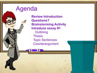 Agenda
Review Introduction
Questions?
Brainstorming Activity
Introduce essay #1
Outlining
Thesis
Topic Sentences
Counterargument
 