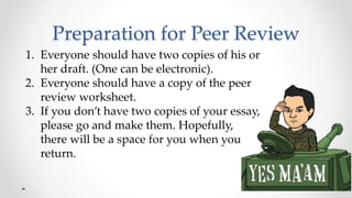 Preparation for Peer Review
1. Everyone should have two copies of his or
her draft. (One can be electronic).
2. Everyone should have a copy of the peer
review worksheet.
3. If you don’t have two copies of your essay,
please go and make them. Hopefully,
there will be a space for you when you
return.
 
