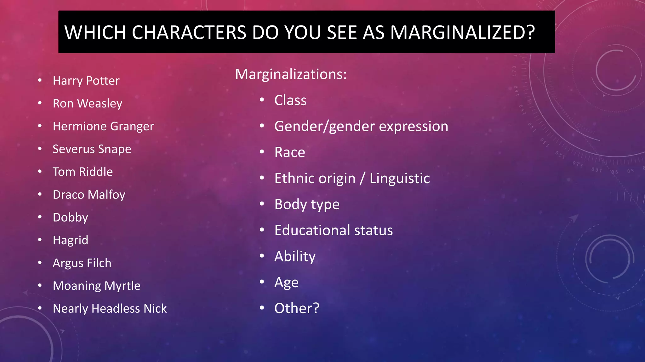 WHICH CHARACTERS DO YOU SEE AS MARGINALIZED?
• Harry Potter
• Ron Weasley
• Hermione Granger
• Severus Snape
• Tom Riddle
• Draco Malfoy
• Dobby
• Hagrid
• Argus Filch
• Moaning Myrtle
• Nearly Headless Nick
Marginalizations:
• Class
• Gender/gender expression
• Race
• Ethnic origin / Linguistic
• Body type
• Educational status
• Ability
• Age
• Other?
 