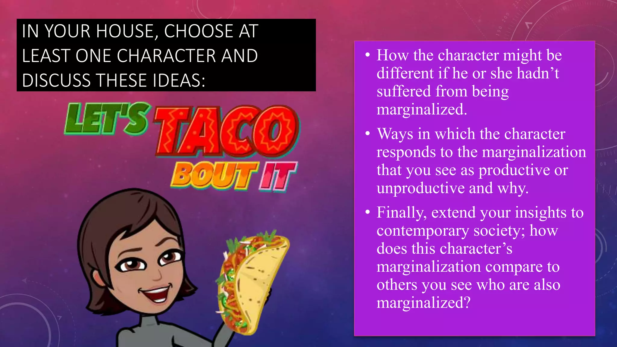 IN YOUR HOUSE, CHOOSE AT
LEAST ONE CHARACTER AND
DISCUSS THESE IDEAS:
• How the character might be
different if he or she hadn’t
suffered from being
marginalized.
• Ways in which the character
responds to the marginalization
that you see as productive or
unproductive and why.
• Finally, extend your insights to
contemporary society; how
does this character’s
marginalization compare to
others you see who are also
marginalized?
 