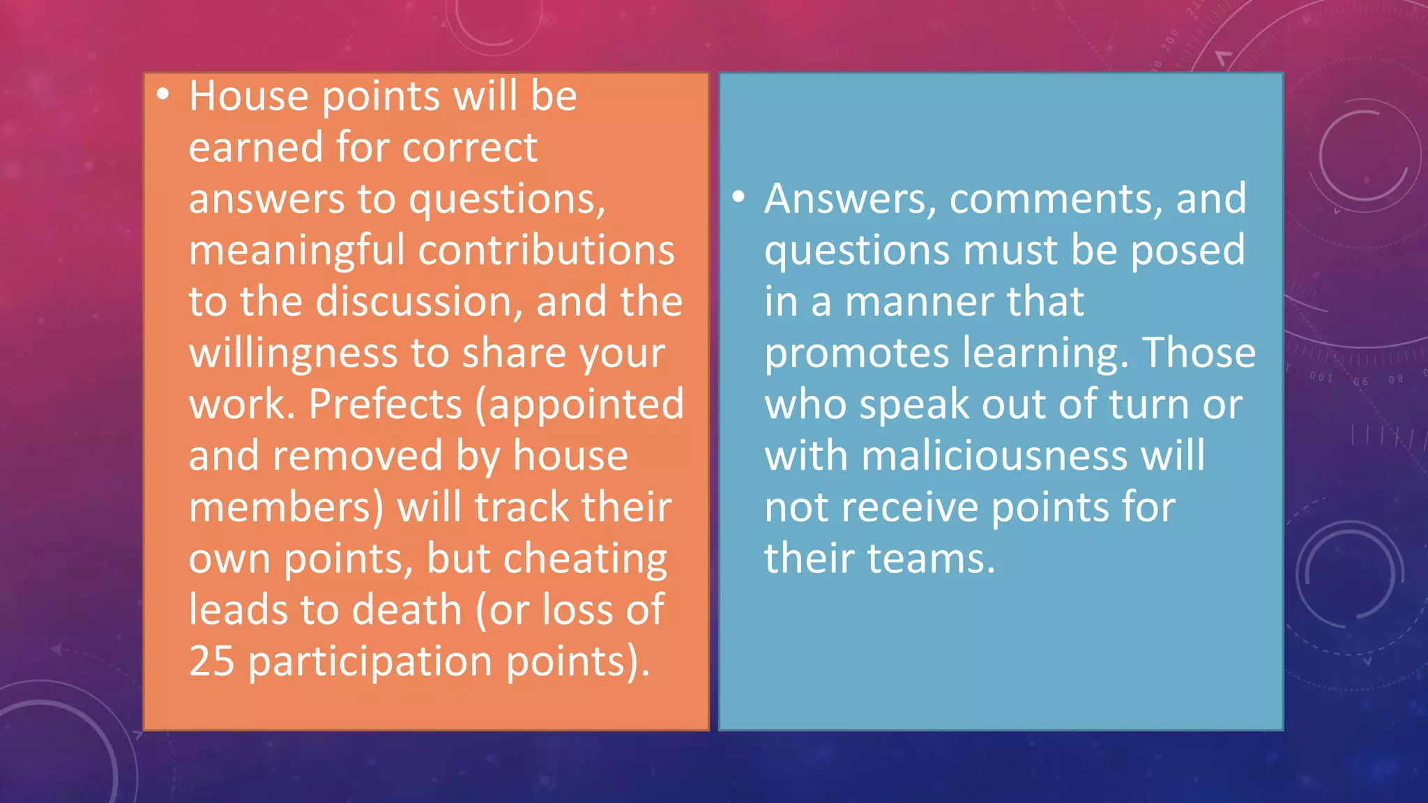 • House points will be
earned for correct
answers to questions,
meaningful contributions
to the discussion, and the
willingness to share your
work. Prefects (appointed
and removed by house
members) will track their
own points, but cheating
leads to death (or loss of
25 participation points).
• Answers, comments, and
questions must be posed
in a manner that
promotes learning. Those
who speak out of turn or
with maliciousness will
not receive points for
their teams.
 