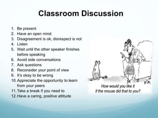 Classroom Discussion
1. Be present
2. Have an open mind
3. Disagreement is ok; disrespect is not
4. Listen
5. Wait until the other speaker finishes
before speaking
6. Avoid side conversations
7. Ask questions
8. Reconsider your point of view
9. It’s okay to be wrong
10.Appreciate the opportunity to learn
from your peers
11.Take a break if you need to
12.Have a caring, positive attitude
 