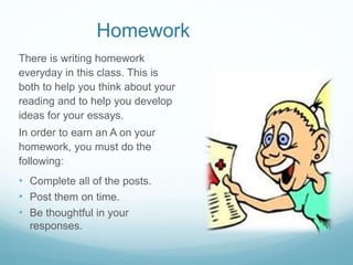 Homework
There is writing homework
everyday in this class. This is
both to help you think about your
reading and to help you develop
ideas for your essays.
In order to earn an A on your
homework, you must do the
following:
• Complete all of the posts.
• Post them on time.
• Be thoughtful in your
responses.
 