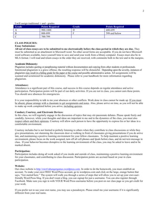 2
I will assign traditional + and - grades
Grade Points Required Grade Points Required
A 900-1000 D 600-699
B 800-899 F 599 and below
C 700-799
CLASS POLICIES:
Essay Submission:
All out of class essays are to be submitted to me electronically before the class period in which they are due. They
must be submitted as an attachment in Microsoft word. No other saved forms are acceptable. If you do not have Microsoft
word software available, leave yourself time to save and send your work from a library computer. Essays must also be in
MLA format. I will read and return essays in the order they are received, with comments both in the text and in the margins.
Academic Dishonesty:
Plagiarism includes quoting or paraphrasing material without documentation and copying from other students or professionals.
Intentional plagiarism is a grave offense; the resulting response will be distasteful. Depending upon the severity, instances of
plagiarism may result in a failing grade for the paper or the course and possible administrative action. All assignments will be
scanned and scrutinized for academic dishonesty. Please refer to your handbook for more information regarding
plagiarism.
Attendance:
Attendance is a significant part of this course, and success in this course depends on regular attendance and active
participation. Participation points will be part of our daily activities. If you are not in class, you cannot earn these points.
You should save absences for emergencies.
It is your responsibility to talk to me your absences or other conflicts. Work done in class cannot be made up. If you must
be absent, please arrange with a classmate to get assignments and notes. Also, please arrive on time, as you will not be able
to make up work completed before you arrive, including quizzes.
Conduct, Courtesy, and Electronic Devices:
In this class, we will regularly engage in the discussion of topics that may stir passionate debates. Please speak freely and
candidly; however, while your thoughts and ideas are important to me and to the dynamics of the class, you must also
respect others and their opinions. Courtesy will allow each person to have the opportunity to express his or her ideas in a
comfortable environment.
Courtesy includes but is not limited to politely listening to others when they contribute to class discussions or while they
give presentations, not slamming the classroom door or walking in front of classmates giving presentations if you do arrive
late, and maintaining a positive learning environment for your fellow classmates. To help maintain a positive learning
environment, please focus on the work assigned, turn off all cell phones and Ipods before class, and do not text-message in
class. If your behavior becomes disruptive to the learning environment of the class, you may be asked to leave and/or be
marked absent.
Participation:
Participation includes doing all work asked of you inside and outside of class, maintaining a positive learning environment
for your classmates, and contributing to class discussion. Participation points are accrued based on your in class
participation.
Website:
Our class website is http://ewrt1ahungergames.wordpress.com. In order to do the homework, you must establish an
account. To make your own FREE Word Press account, go to wordpress.com and click on the large, orange button that
says, “Get started here.” The system will walk you through a series of steps that will allow you to set up your own user-
friendly Word Press blog. If you don't want a blog, you can signup for just a username. You can also register through
Facebook. Make sure you sign in with YOUR Word Press username before you post on our class page so you get credit for
your work.
If you prefer not to use your own name, you may use a pseudonym. Please email me your username if it is significantly
different from your real name.
 