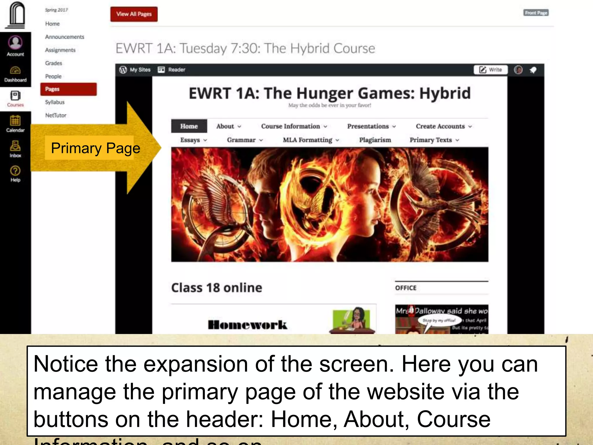 Notice the expansion of the screen. Here you can
manage the primary page of the website via the
buttons on the header: Home, About, Course
Primary Page
 