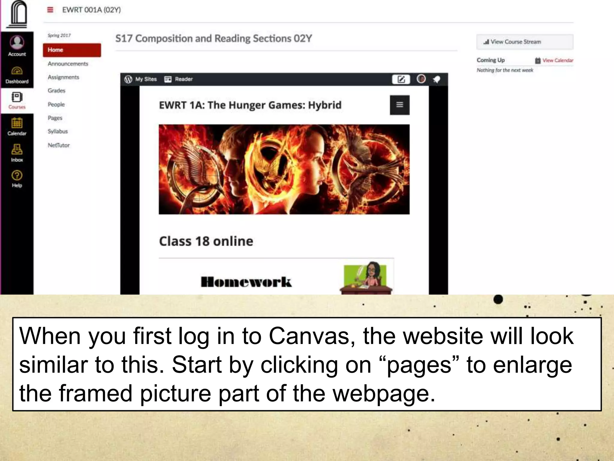When you first log in to Canvas, the website will look
similar to this. Start by clicking on “pages” to enlarge
the framed picture part of the webpage.
 