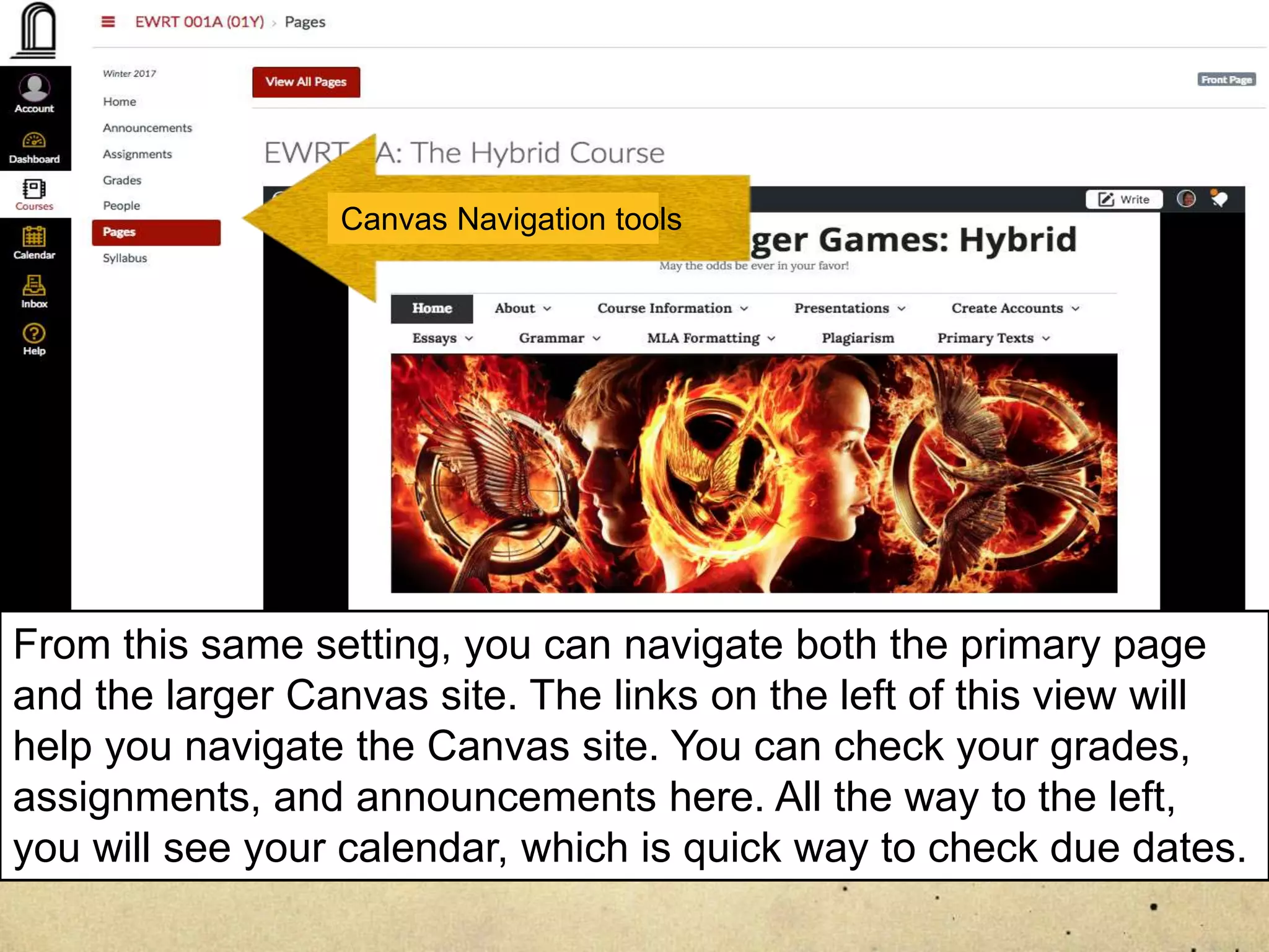 From this same setting, you can navigate both the primary page
and the larger Canvas site. The links on the left of this view will
help you navigate the Canvas site. You can check your grades,
assignments, and announcements here. All the way to the left,
you will see your calendar, which is quick way to check due dates.
Canvas Navigation tools
 