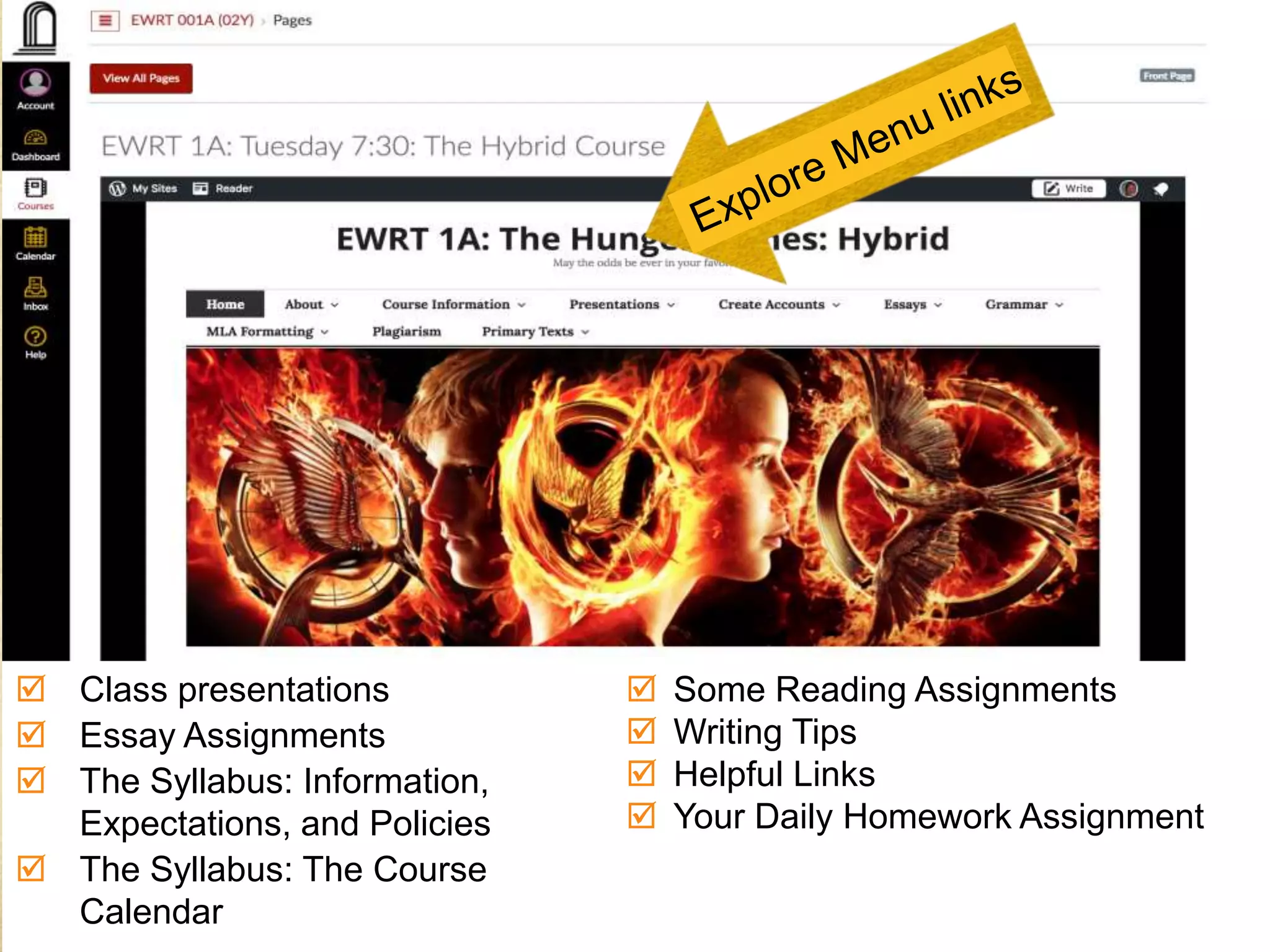  Class presentations
 Essay Assignments
 The Syllabus: Information,
Expectations, and Policies
 The Syllabus: The Course
Calendar
 Some Reading Assignments
 Writing Tips
 Helpful Links
 Your Daily Homework Assignment
 
