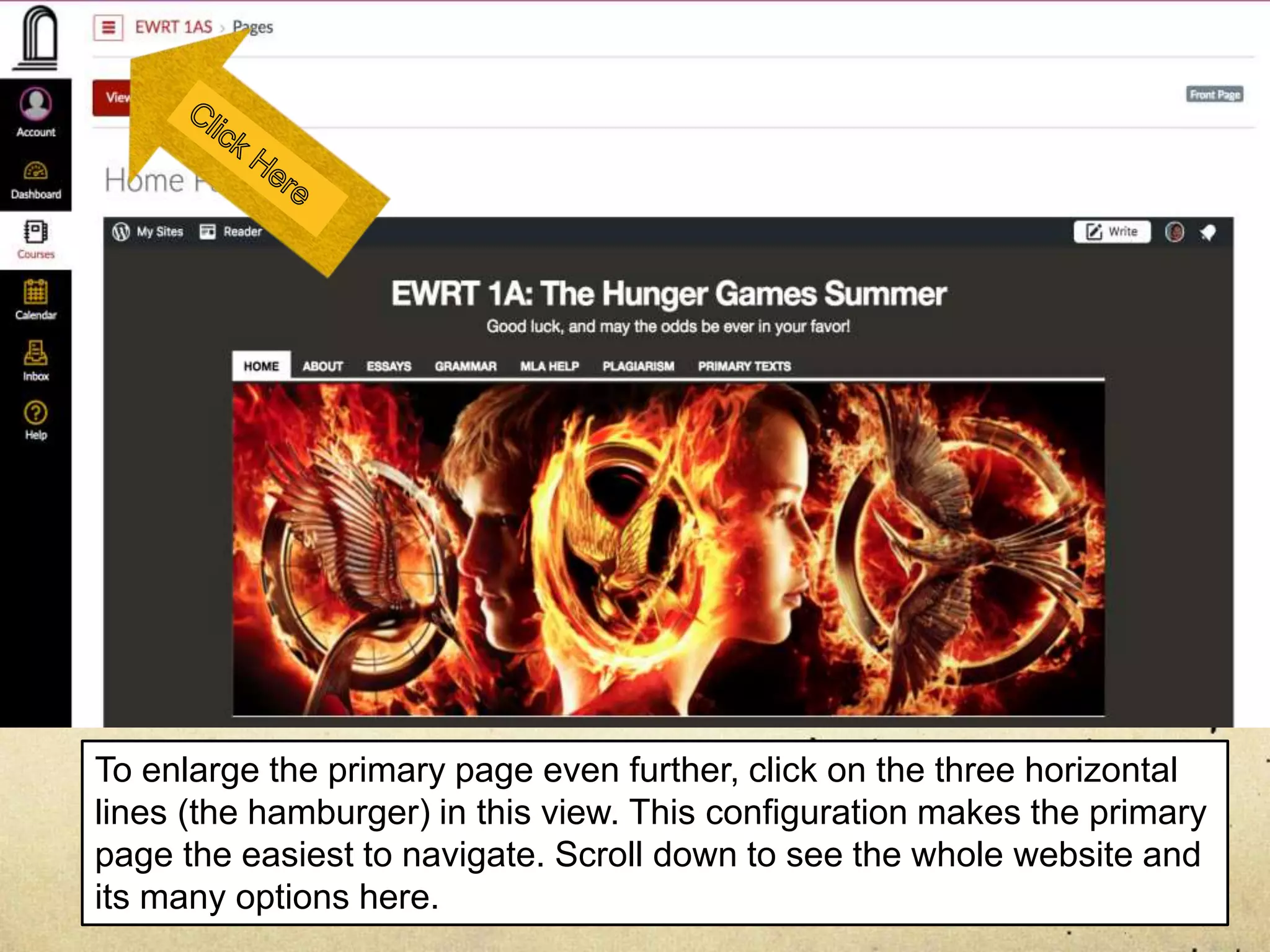 To enlarge the primary page even further, click on the three horizontal
lines (the hamburger) in this view. This configuration makes the primary
page the easiest to navigate. Scroll down to see the whole website and
its many options here.
 