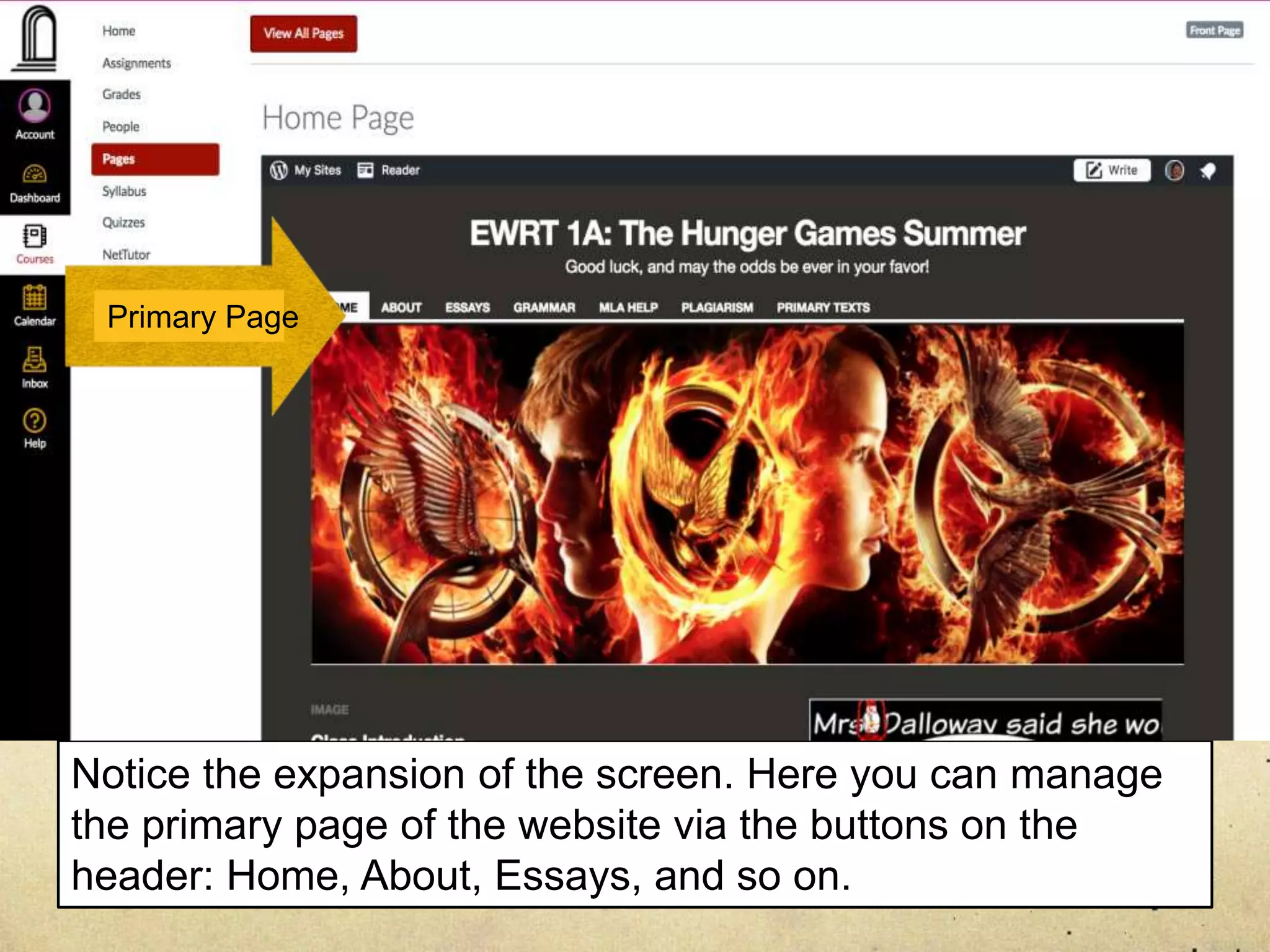 Notice the expansion of the screen. Here you can manage
the primary page of the website via the buttons on the
header: Home, About, Essays, and so on.
Primary Page
 