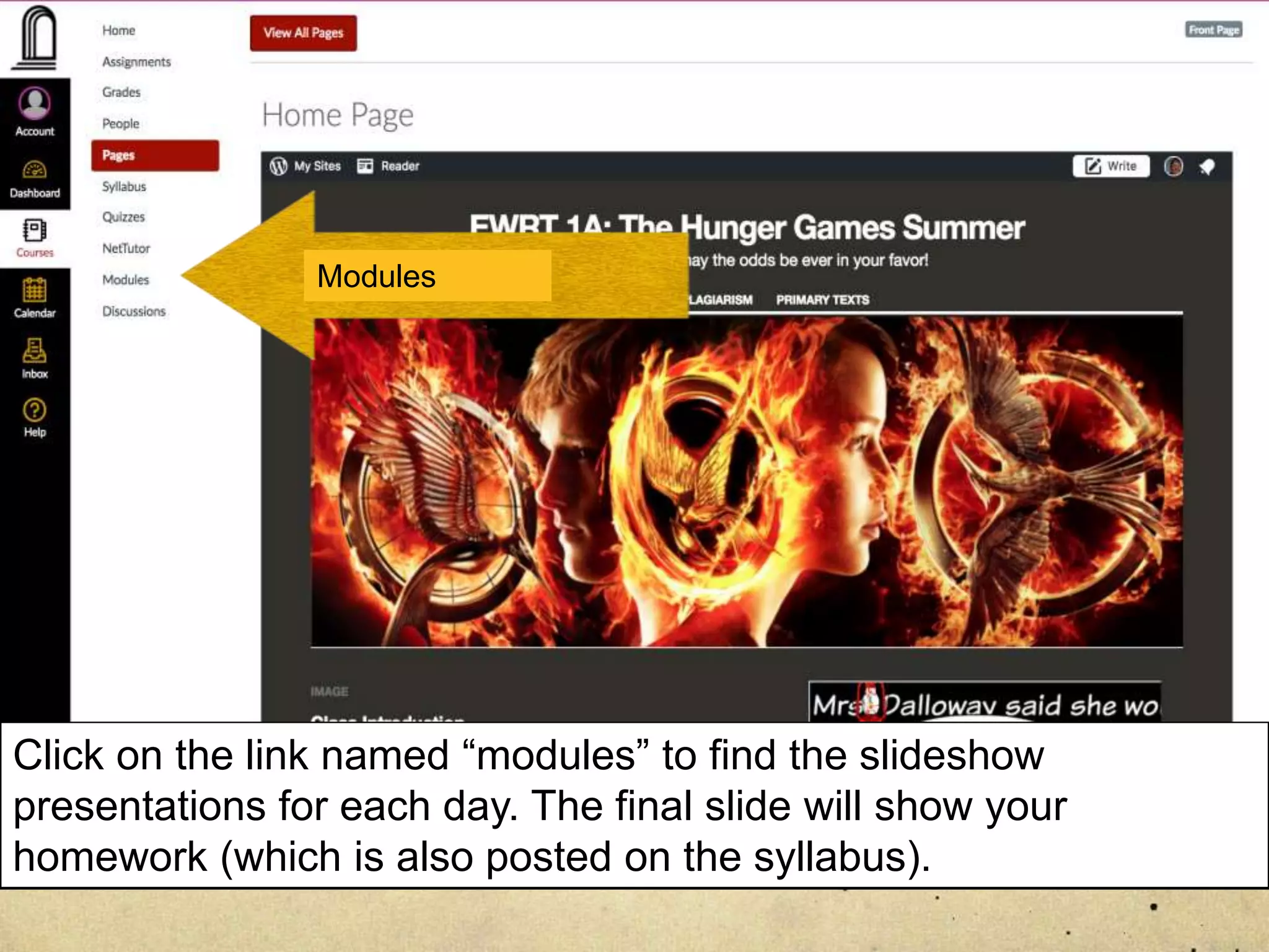 Click on the link named “modules” to find the slideshow
presentations for each day. The final slide will show your
homework (which is also posted on the syllabus).
Modules
 