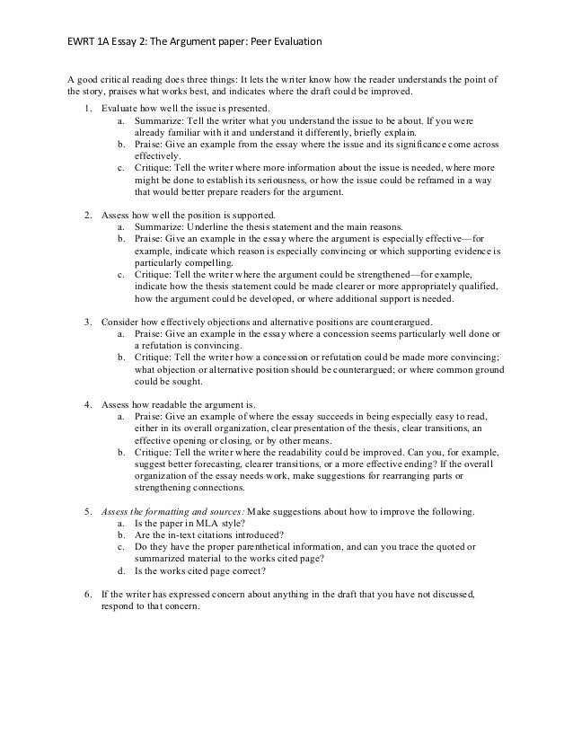 ewrt a peer review essay the argument ewrt a essay the argument paper peer evaluation a good critical reading does
