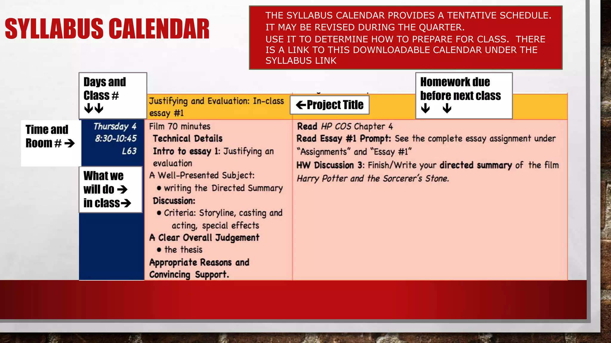 SYLLABUS CALENDAR
• THE SYLLABUS CALENDAR PROVIDES A TENTATIVE SCHEDULE.
• IT MAY BE REVISED DURING THE QUARTER.
• USE IT TO DETERMINE HOW TO PREPARE FOR CLASS. THERE
IS A LINK TO THIS DOWNLOADABLE CALENDAR UNDER THE
SYLLABUS LINK
Days and
Class #

Homework due
before next class
 Project Title
What we
will do 
in class
Time and
Room # 
 