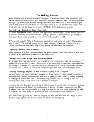 The Writing Process 
There are many steps to writing, and there is no perfect or sanctioned order—play around until you 
find the process that works best for you. Remember, breaks are important! Don’t jam all the steps into 
one night—try to leave time between the steps (anywhere from a few hours to a day or two) to give 
yourself time to re-focus your efforts and reduce your stress so you can make the most of your time. 
Break help you avoid the dangerous condition of “Mushy Brain” that can ruin an essay. 
Pr e wr i t i ng —Brainstorm, Free-write, Cluster 
1. Collect Information. Make a list of all your impressions about the topic. The list doesn’t have to be 
in complete sentences, and don’t worry about spelling, grammar or punctuation-just get all of your 
ideas down. Don’t censor yourself and be as specific and detailed as possible. 
2. Focus. Ask yourself, “What is the dominant impression I want to give my reader? What point do I 
want to make?” (This will help you create your thesis statement.) Choose the descriptions which 
convey your dominant impression. Pick the descriptions and information that work best. 
Organizing—Writing Plans & Outlines 
Think about how to organize your descriptions and ideas-what order will be the easiest for your reader 
to follow? Which main ideas are most important and relevant? 
Drafting: Speed Draft, Rough Draft, Peer Review Draft 
Try a “speed draft” first, one in which you try to follow your organizational plan, but don’t worry 
about mechanics (spelling, grammar, punctuation). A speed draft may be handwritten or composed on 
the computer. In a rough draft you can rewrite/type your speed draft, making any changes you think 
are needed. This, or a third, or fourth draft, will be the “good faith draft” you bring to peer review. 
Revising: Rearrange, Tighten Up, Join Sentences, Explain, Give Examples! 
Revision doesn’t just mean “correcting” grammar or “fixing” sentences. Give yourself permission to 
make significant changes, even to change your opinion about your topic. Think of revising as looking 
at your paper in a whole new way—a re-visioning of your work—not just looking at small or 
inconsequential parts of your essay, such as grammar or mechanics. 
Look over the notes from peer response and re-read the essay to yourself with a pen or pencil in hand, 
making notes to yourself. Revise your draft as often as necessary to make it clearer and more fully 
developed. Make sure your paragraphs have topic sentences and you have a main point that you stick 
to throughout the essay. Make sure you have fulfilled the requirements of the assignment. 
You are in control; you can make whatever changes you want. But in the end, don’t forget to ensure 
that it all hangs together, that the end matches the middle and the beginning. 
3 
 