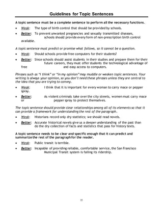 Guidelines for Topic Sentences 
A topic sentence must be a complete sentence to perform all the necessary functions. 
 Weak: The type of birth control that should be provided by schools. 
 Better: To prevent unwanted pregnancies and sexually transmitted diseases, 
schools should provide every form of non-prescription birth control 
35 
available. 
A topic sentence must predict or promise what follows, so it cannot be a question. 
 Weak: Should schools provide free computers for their students? 
 Better: Since schools should assist students in their studies and prepare them for their 
future careers, they must offer students the technological advantage of 
free and easy access to computers. 
Phrases such as “I think” or “in my opinion” may muddle or weaken topic sentences. Your 
writing is always your opinion, so you don’t need these phrases unless they are central to 
the idea that you are trying to convey. 
 Weak: I think that it is important for every woman to carry mace or pepper 
spray. 
 Better: As violent criminals take over the city streets, women must carry mace 
or pepper spray to protect themselves. 
The topic sentence should provide clear relationships among all of its elements so that it 
can provide a framework for understanding the rest of the paragraph. 
 Weak: Historians record only dry statistics; we should read novels. 
 Better: Accurate historical novels give us a deeper understanding of the past than 
do the dry collection of facts and statistics that pass for history texts. 
A topic sentence needs to be clear and specific enough that it can predict and 
summarize the rest of the paragraph for the reader. 
 Weak: Public transit is terrible. 
 Better: Incapable of providing reliable, comfortable service, the San Francisco 
Municipal Transit system is failing its ridership. 
 