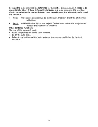 Because the topic sentence is a reference for the rest of the paragraph, it needs to be 
exceptionally clear. If there is figurative language in a topic sentence, the wording 
should be such that the reader does not need to understand the allusion to understand 
the sentence. 
 Weak: The Surgeon General must be the Hercules that slays the Hydra of chemical 
36 
addictions. 
 Better: As Hercules slew Hydra, the Surgeon General must defeat the many-headed 
monster that is chemical addiction. 
Other Sentence Functions 
The rest of the paragraph must: 
 Fulfill the promise set by the topic sentence. 
 Be on the same topic. 
 Relate to each other and the topic sentence in a manner established by the topic 
sentence. 
 