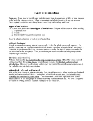 Types of Main Ideas 
Purpose: Being able to identify and state the main idea of paragraph, article, or long passage 
is the basis for comprehension. When you understand what the author is saying, you can 
then respond to him/her and doing better on writing and reading activities. 
Types of Main Ideas 
On a basic level, there are three types of main ideas that you will encounter when reading. 
4 
1) Topic sentence 
2) Thesis 
3) Implied (inferred/unstated) main idea 
Below is a brief definition of each type of main idea 
1) Topic Sentence 
A topic sentence is the main idea of a paragraph. It ties the whole paragraph together. In 
writing classes we are taught to make the topic sentence the first sentence of our paragraph. 
However, in professional writing, the topic sentence can be the second sentence or even the 
last sentence of the paragraph. Thus, sometimes you need to read the whole paragraph to 
find the topic sentence. 
2) Thesis Statement(s) 
A thesis statement is the main idea of a long passage or an article. It ties the whole piece of 
writing together. In writing classes we are taught to make this the last sentence of our 
introduction. However, professional writers may put this in the second paragraph or even at 
the end of the article, in the conclusion. 
3) Implied, Inferred, or Unstated 
This is the most common type of main idea that you will encounter when reading professional 
writing and other academic texts. An implied main idea is a main idea that is not directly 
stated by the author for stylistic effect. This means that there is no topic sentence that is 
directly stated in the paragraph or no thesis directly stated in the article. We aren’t taught to 
use them in writing because teachers want you to use structure. 
 